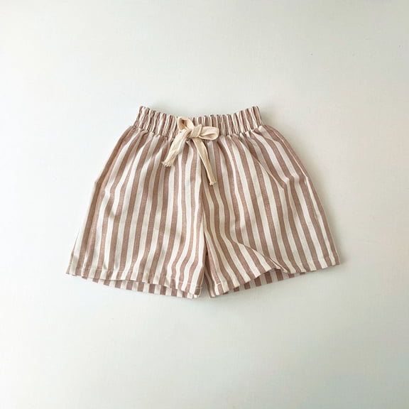 Juslio Shorts for Girls Striped Breathable Drawstring Linen Shorts Casual Elastic Waist Shorts Sizes 2-3