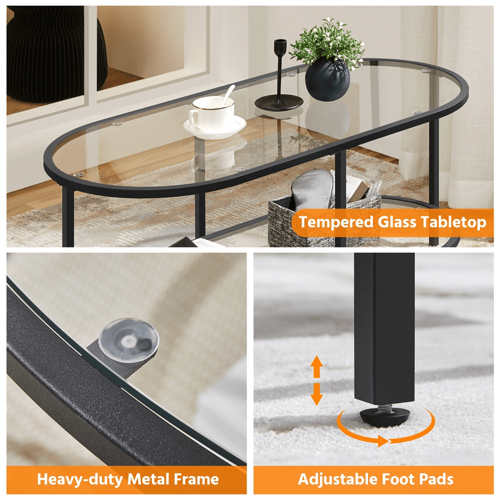 Yaheetech Modern 2-Layer Tempered Glass Oval Coffee Table, Black