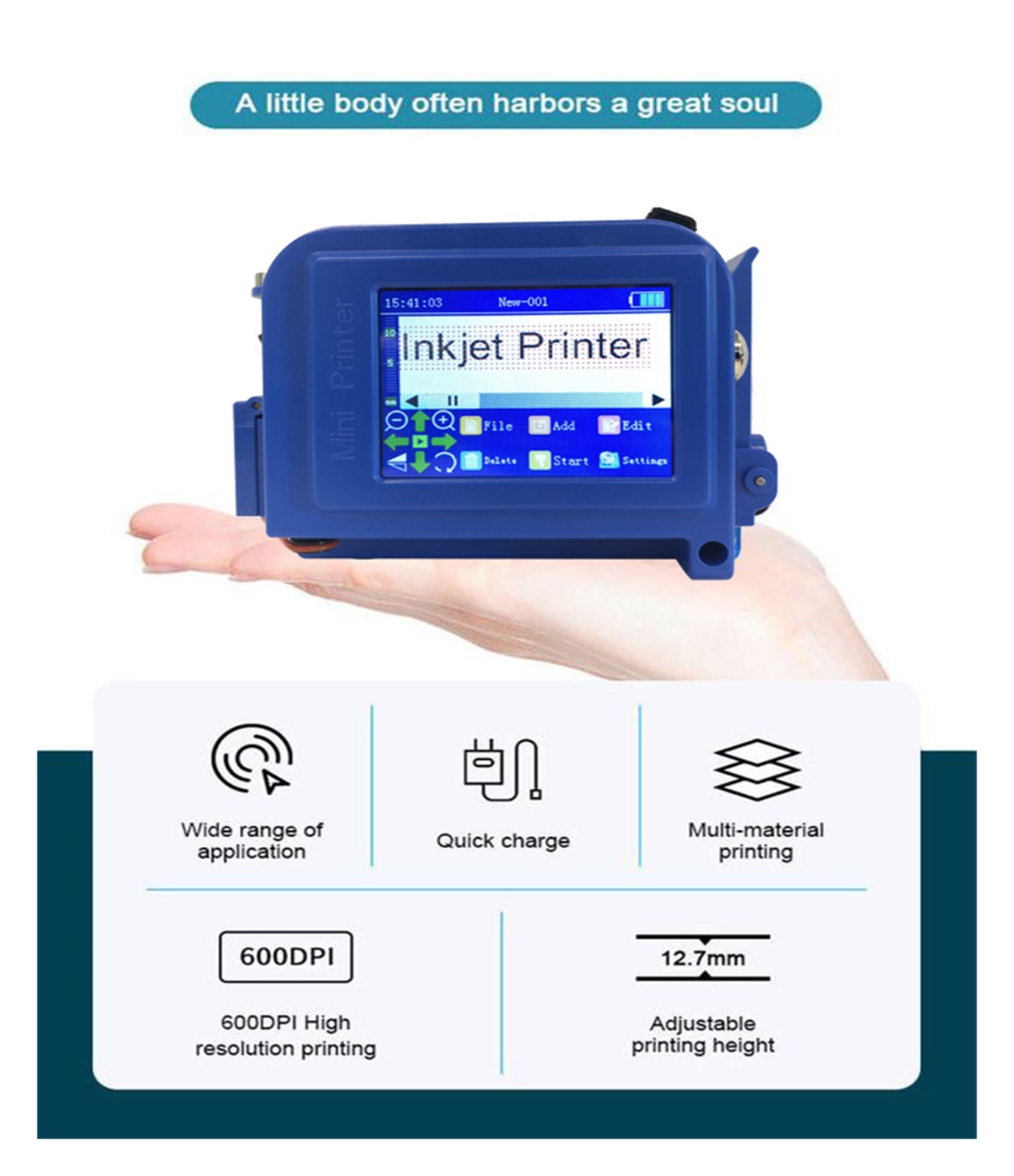 Portable Handheld Printer, Label Maker Lot Barcode Digital Mini Printer Smart Inkjet 12.7mm ,Complete Kit