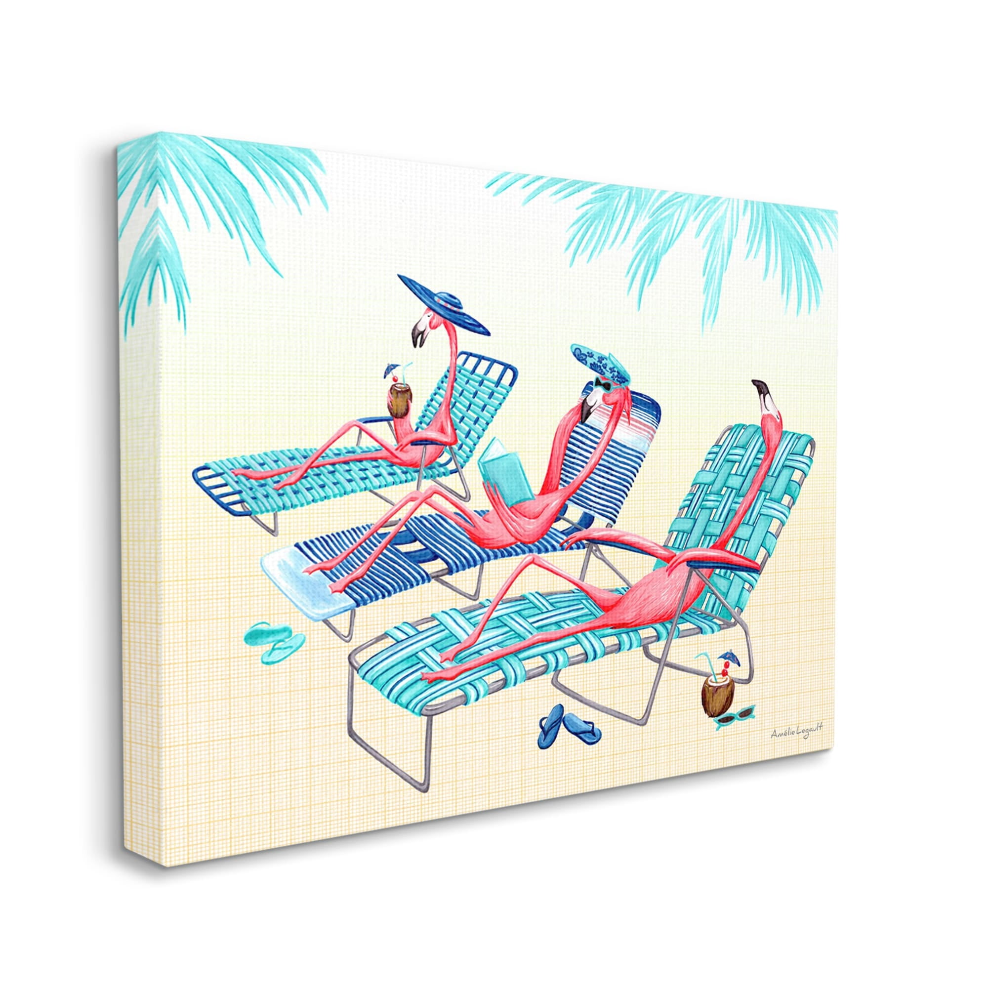 Stupell Industries Pink Flamingos Lounging Beach Chairs Tropical Scene Graphic Art Gallery Wrapped Canvas Print Wall Art, Design by Amelie Legault
