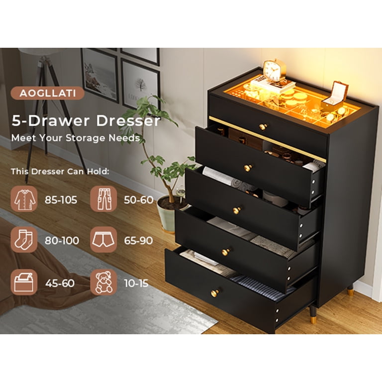 Modern Black Bedroom Dresser with LED Lights, 5 Drawers & Glass Top, 8 Storage Compartments - Walmart.com Modern Black Bedroom Dresser with LED Lights, 5 Drawers & Glass Top, 8 Storage Compartments - Walmart.com