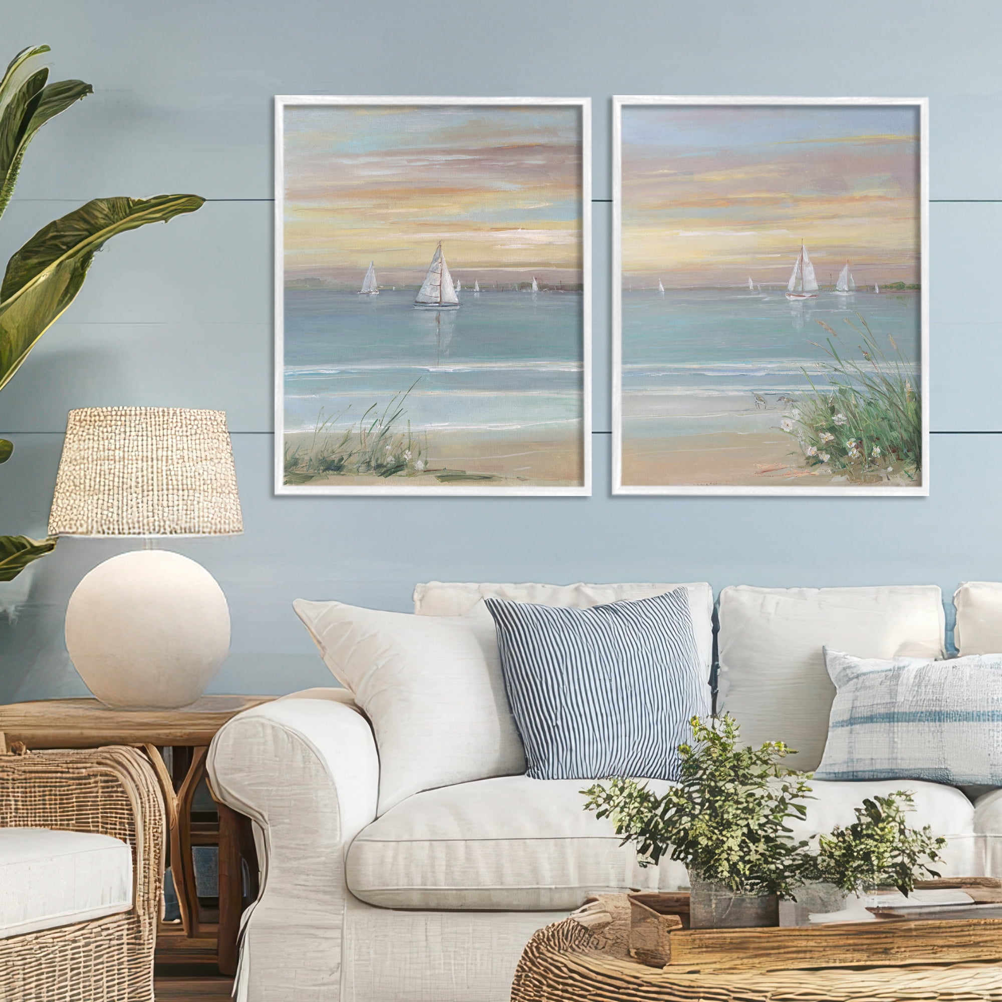 Stupell Industries Summer Shore Panorama 2 Piece White Framed Giclee Art Set, design by Sally Swatland