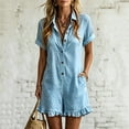 thumbnail image 2 of Xaqiouau Women Casual Button Down Romper Short Sleeve V Neck Collared Loose Fit Summer Short Jumpsuit with Pockets, 2 of 6