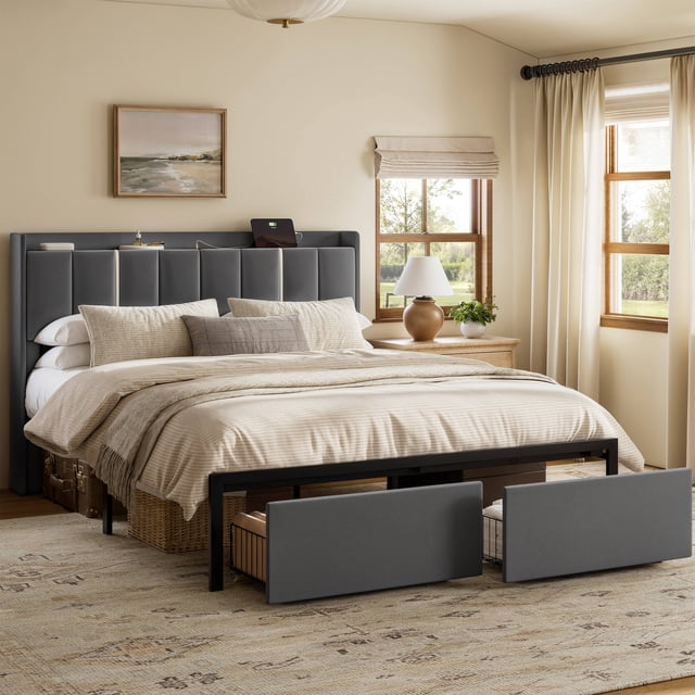 GUNAITO Cadre de Lit Grand avec Tête de Lit de Rangement, Cadre de Lit Plateforme Rembourré avec Lumières LED et Ports USB et Prises, Gris