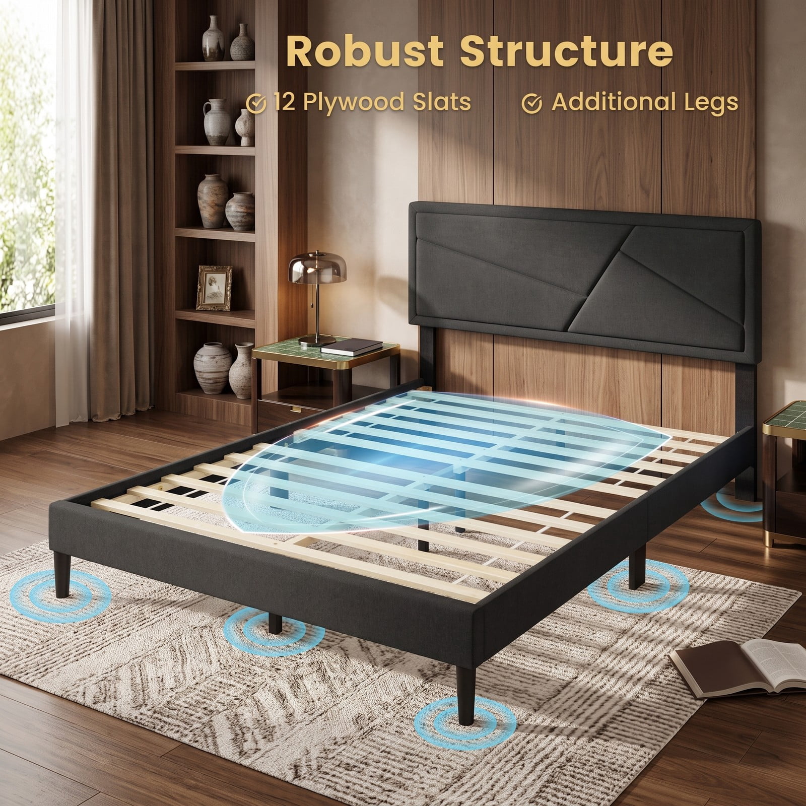 Furnibear Queen Bed Frame with Headboard, Upholstered Platform Bed Frame with 12 Plywood Slats for Modern Bedroom, No Box Spring, Dark Gray
