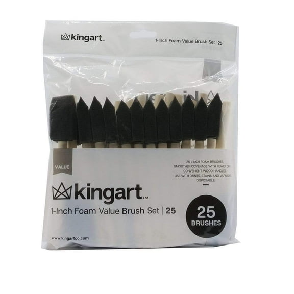 Kingart Foam Brush, Value Pack, Size 1”, 25 Black Brushes, All ages