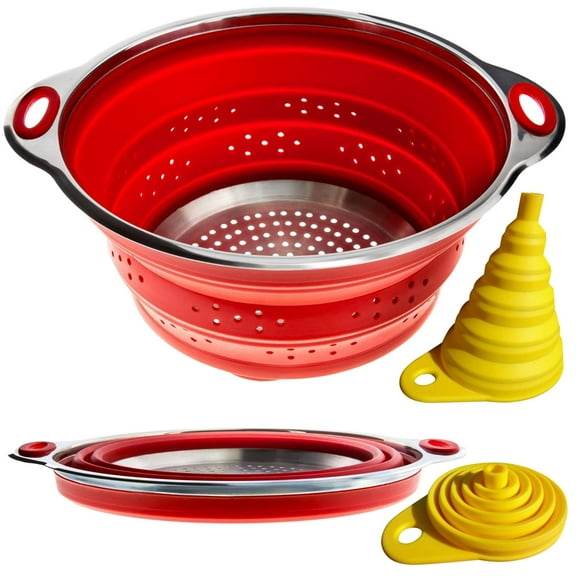 Combo de Passoire Pliable + Entonnoir Pliant - Chaque Passe à 1 Pouce. Volume 3 Pintes Ou 2 Qt (Semi-Éclatant). Silicone + Acier Inoxydable pour Cuisine
