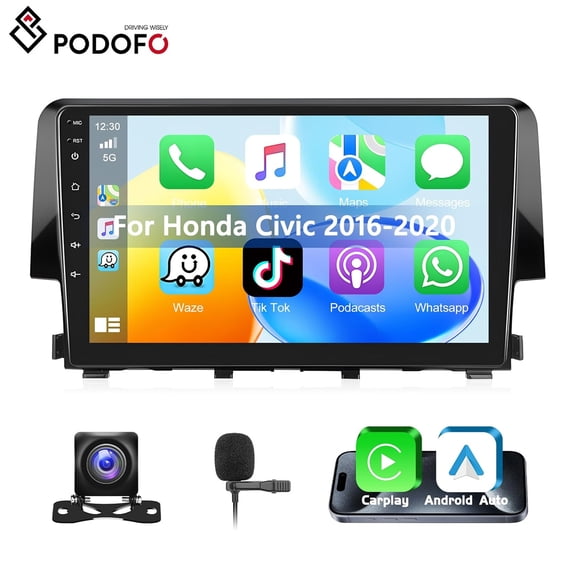 Podofo 2G 64G Car Stereo Radio for Honda Civic 2016-2020, Android 15 9'' Touch Screen with Wireless Carplay &Android Auto/Bluetooth Backup Camera