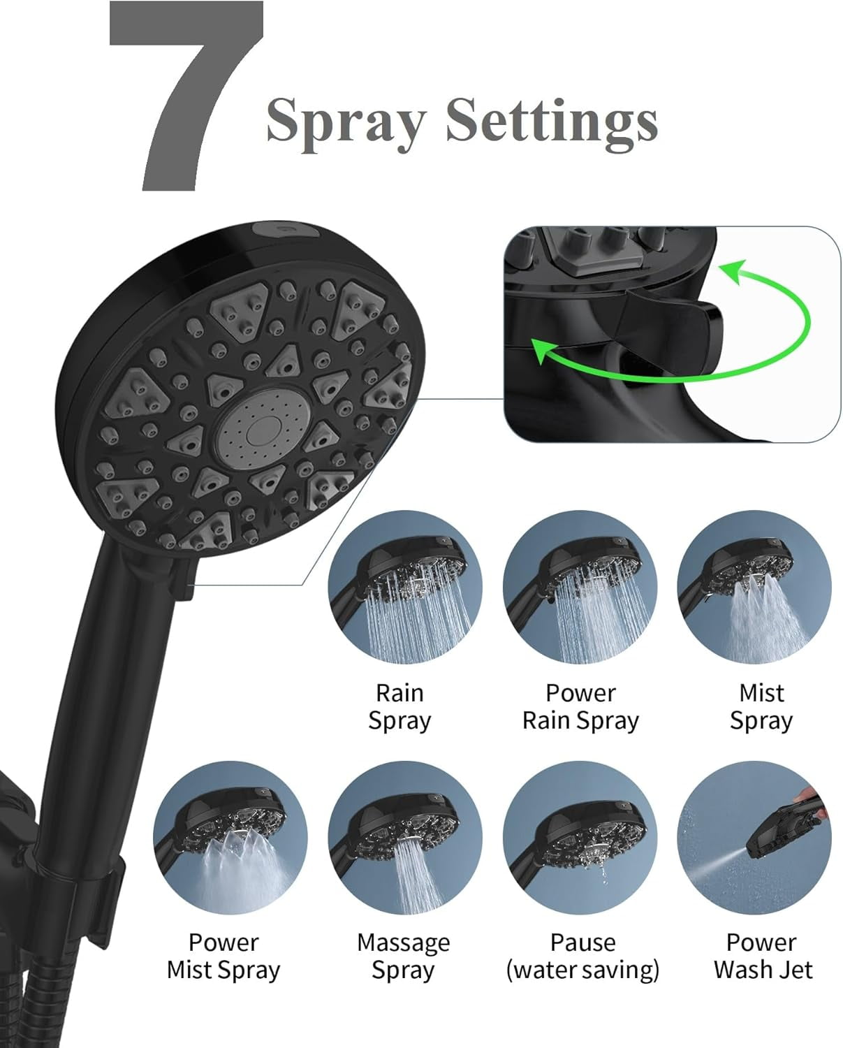 High Pressure Shower Head with Handheld, Built-in Power Wash, High Flow Hand Held Hydro Rain Showerhead with Stainless Steel Hose and Adjustable Bracket