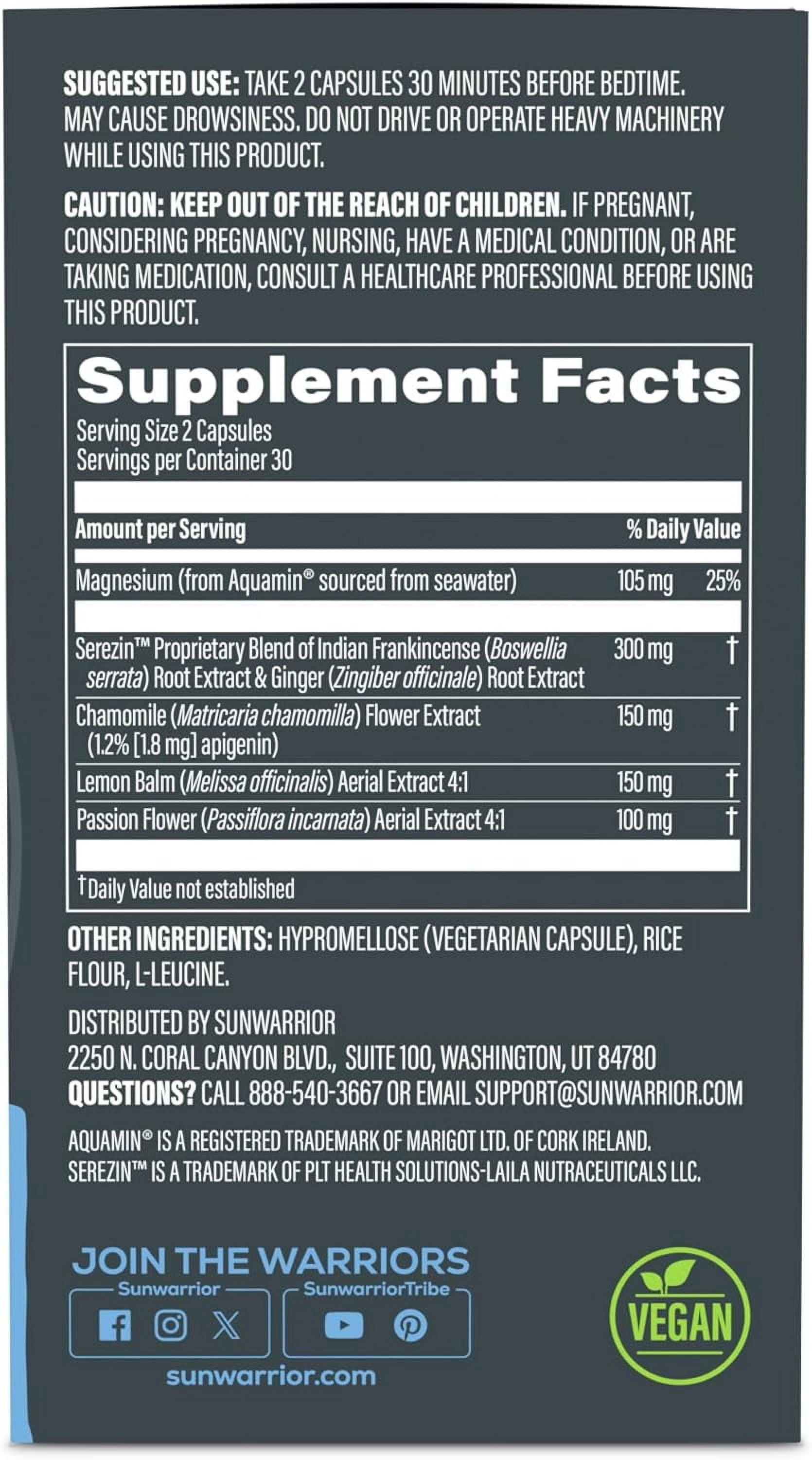 Sunwarrior Active Sleep & Restore Magnesium Sleep Supplements for Adults, Gluten-Free, 60 Capsules
