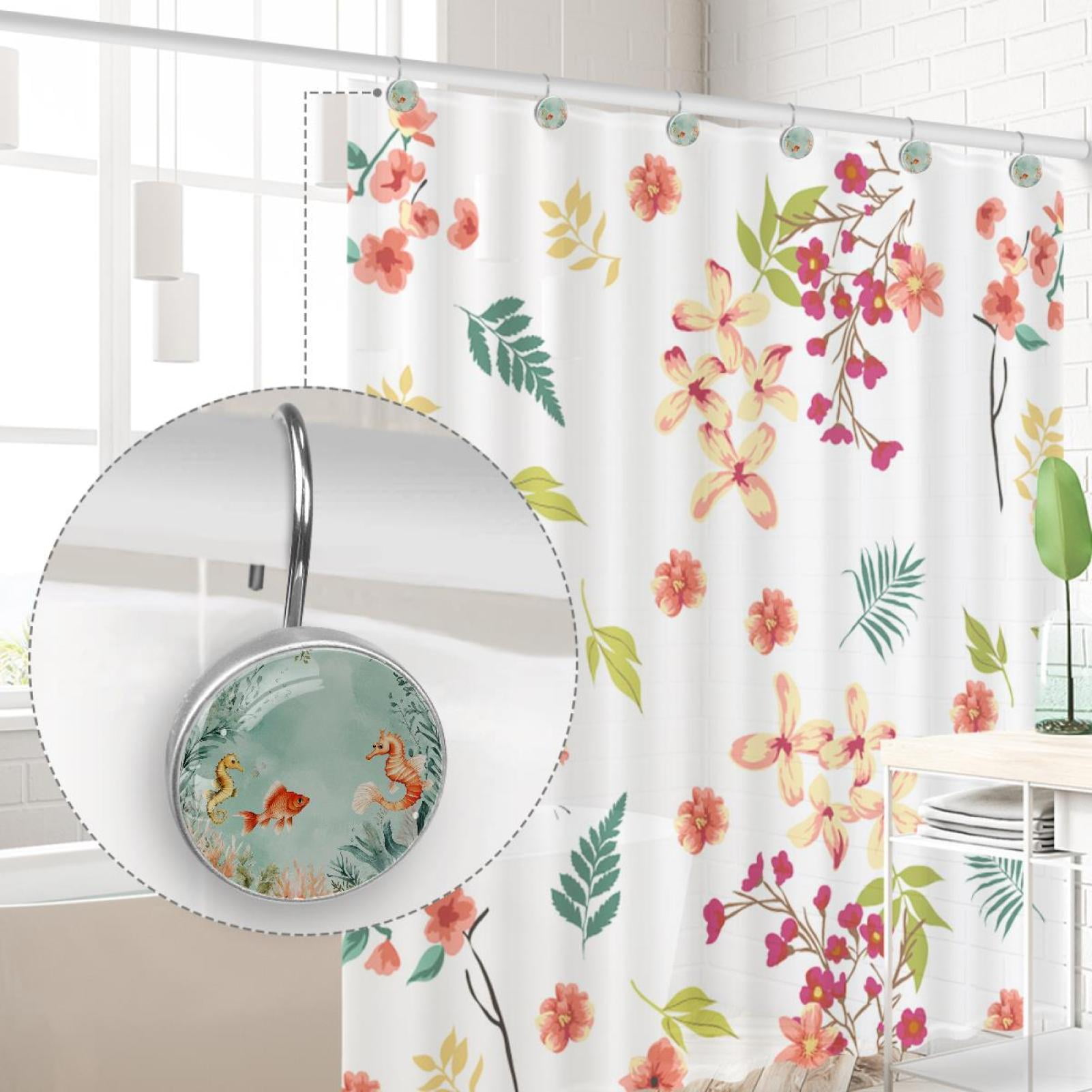 Underwater Seahorse Fish Shower Curtain Hooks Round Crystal Glass, Set of 12 Shower Curtain Rings - Shower Hooks for Curtain Shower Rings