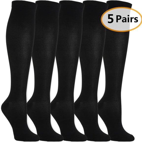 5 Pairs Solid Black Compression Socks, Graduated Support Nylon Athletic Socks for Men and Women, Large, Black, Size L