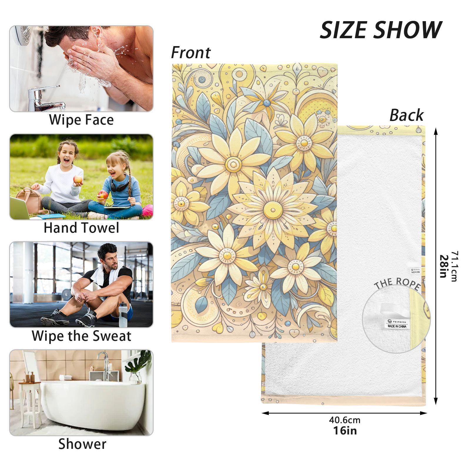 Elegant Flowers Yellow Hand Towels Cotton Bath Towels Large Face Towels Absorbent for Bathroom 2 Packs