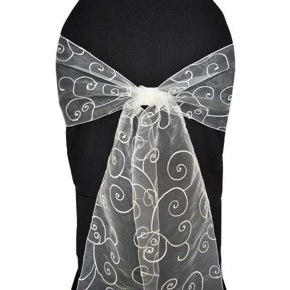 Wedding Linens Inc. (10pcs) 8'' x 108'' Embroidered Organza Sheer Chair Sashes Chair Bow Ties - Ivory