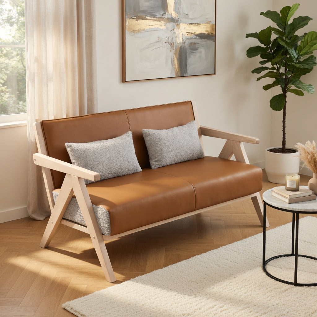 Hommoo 43" W Compact Loveseat Sofa, Chenille & Faux Leather, Rubber Wood Frame, Pocket Spring Cushion, 500 lb Capacity, Brown