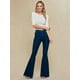 thumbnail image 4 of Pantalones Vaqueros Acampanados con Parches de Estrellas para Mujer, Cintura Media, Corte Acampanado, Elásticos, Pierna Recta, Ajustados. Azul Oscuro M, 4 of 9