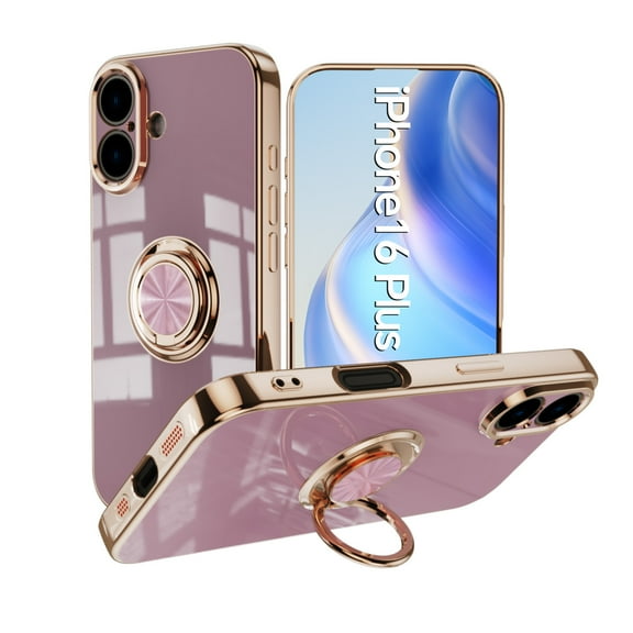 Case for iPhone 16 Plus Case with Ring Stand [360° Rotatable Ring Holder Magnetic Kickstand][Support Car Mount] Plating Rose Gold Edge Slim Soft Flexible TPU Luxury Phone Case Cover, Purple