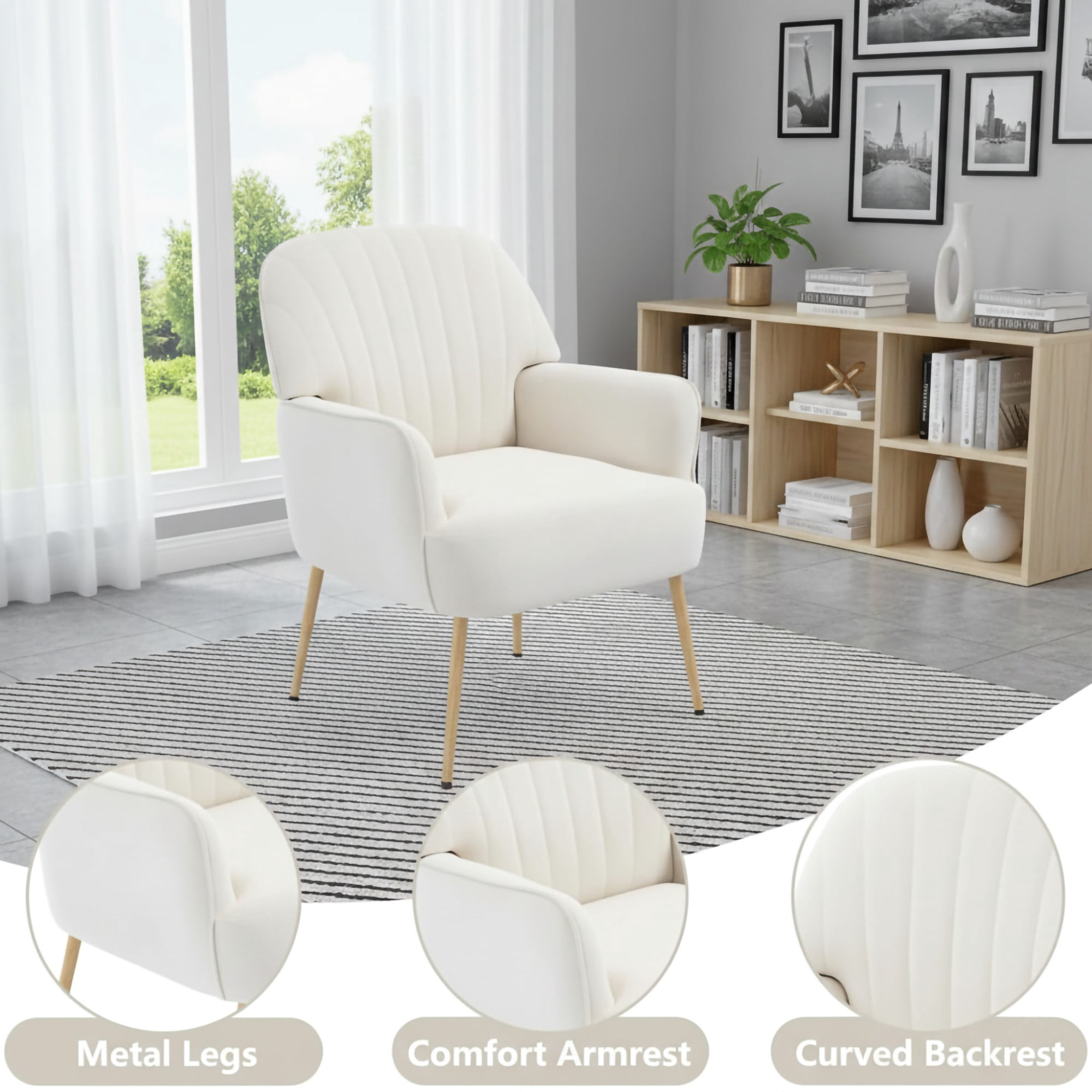 BSHTI 25" Velvet Upholstered Accent Chair with Shell-Shaped Tufted Backrest, Padded Armrests, Metal Legs for Living Room Bedroom()