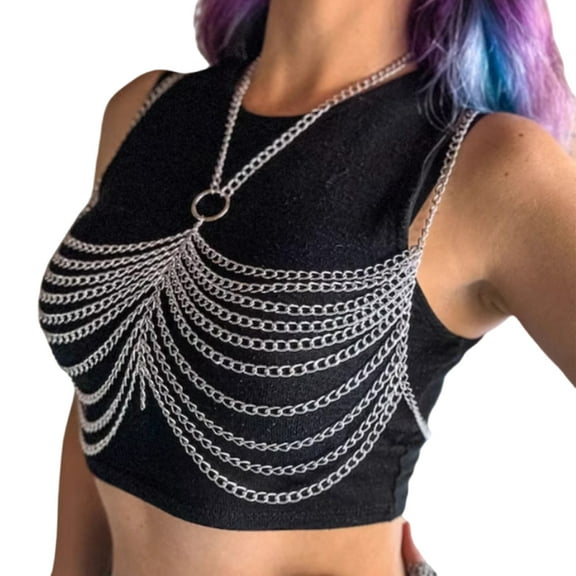 Eye Catchi Metal Chest Harness Luxurious Body Chain Party Nightclub Wear for Stylish Females for Parties and Nightclub