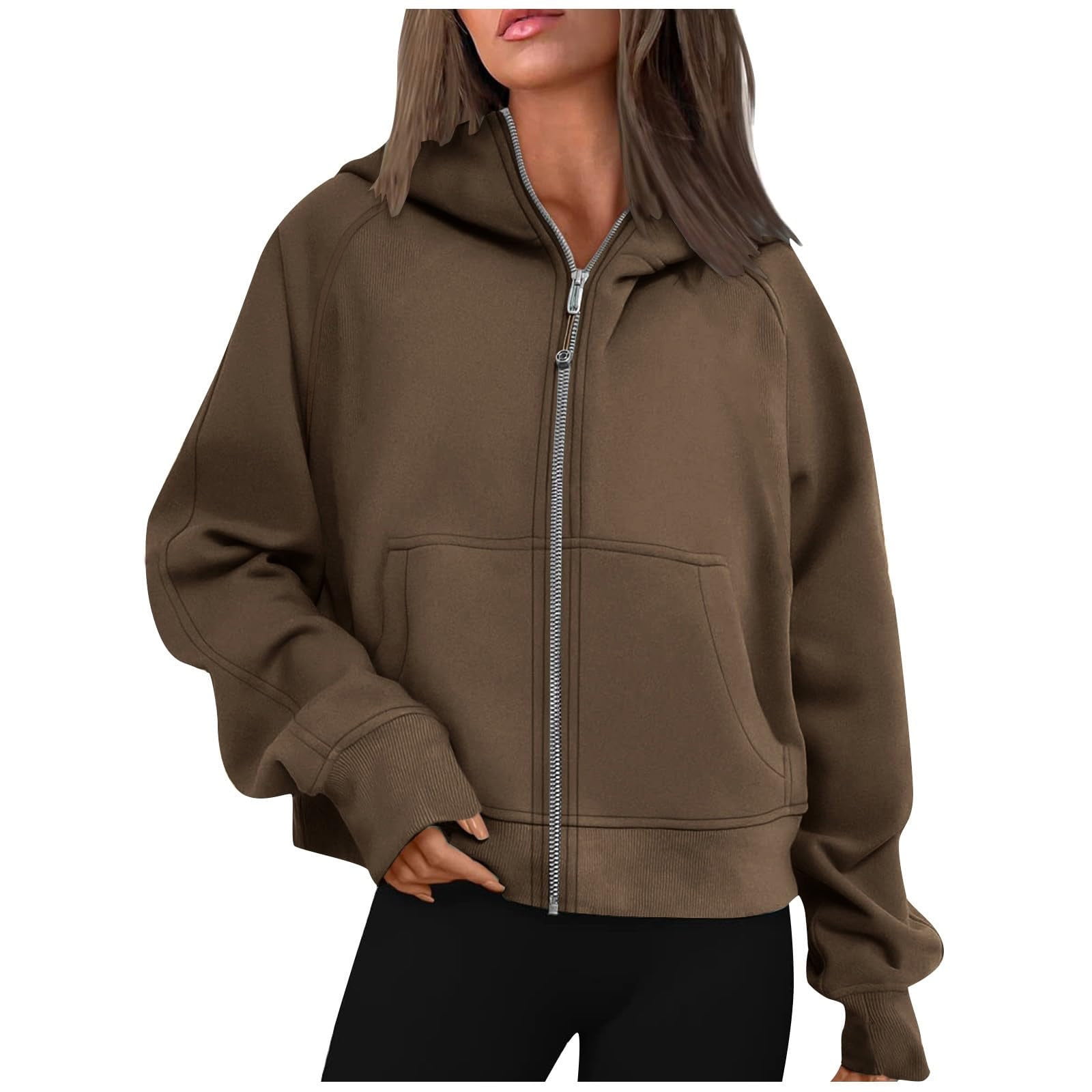 Rkstn Hoodies For Women Casual Full Zip Up Solid Color Hoodies Comfy Loose Long Sleeve Sweatshirt Tops With Pockets Brown