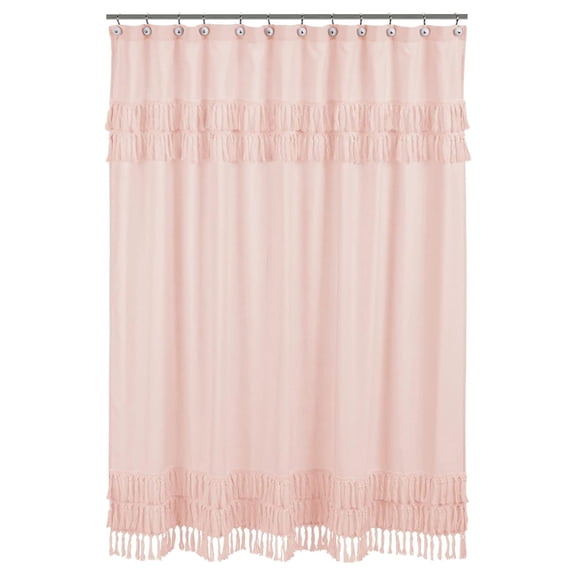 Drevy Boho Bohemian Bathroom Fabric Bath Shower Curtain - Solid Color Blush Shabby Chic Luxurious Luxury Vintage Designer Boutique Tassel Fringe