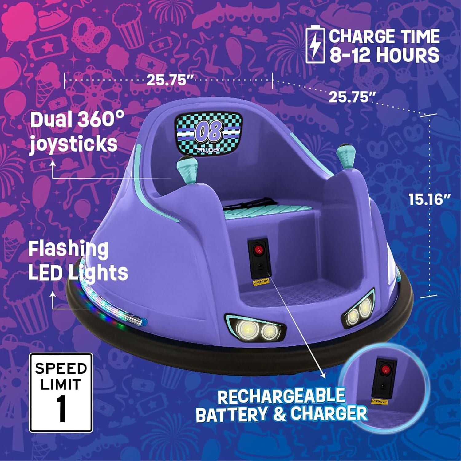 Flybar 6V Bumper Car for Toddlers Purple, Electric Ride on Toy for Kids Ages 1.5-4 w/ LED Lights & Safety Belt, 360 Degree Spin, Max Weight of 66 lbs