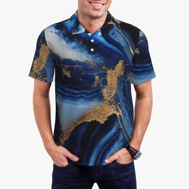 Fotbe Navy Blue Marble Camiseta Polo de Golf para Hombre con Estampado – Camisa Deportiva Transpirable con Cuello Abotonado-XX-Large