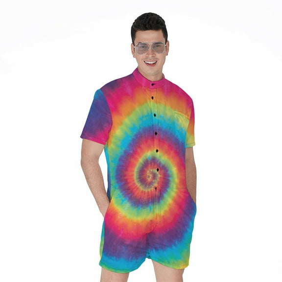 Tie Dye Short Sleeve Men'S Rompers, Tie Dye Pattern Casual Summer Jumpsuits Outfit