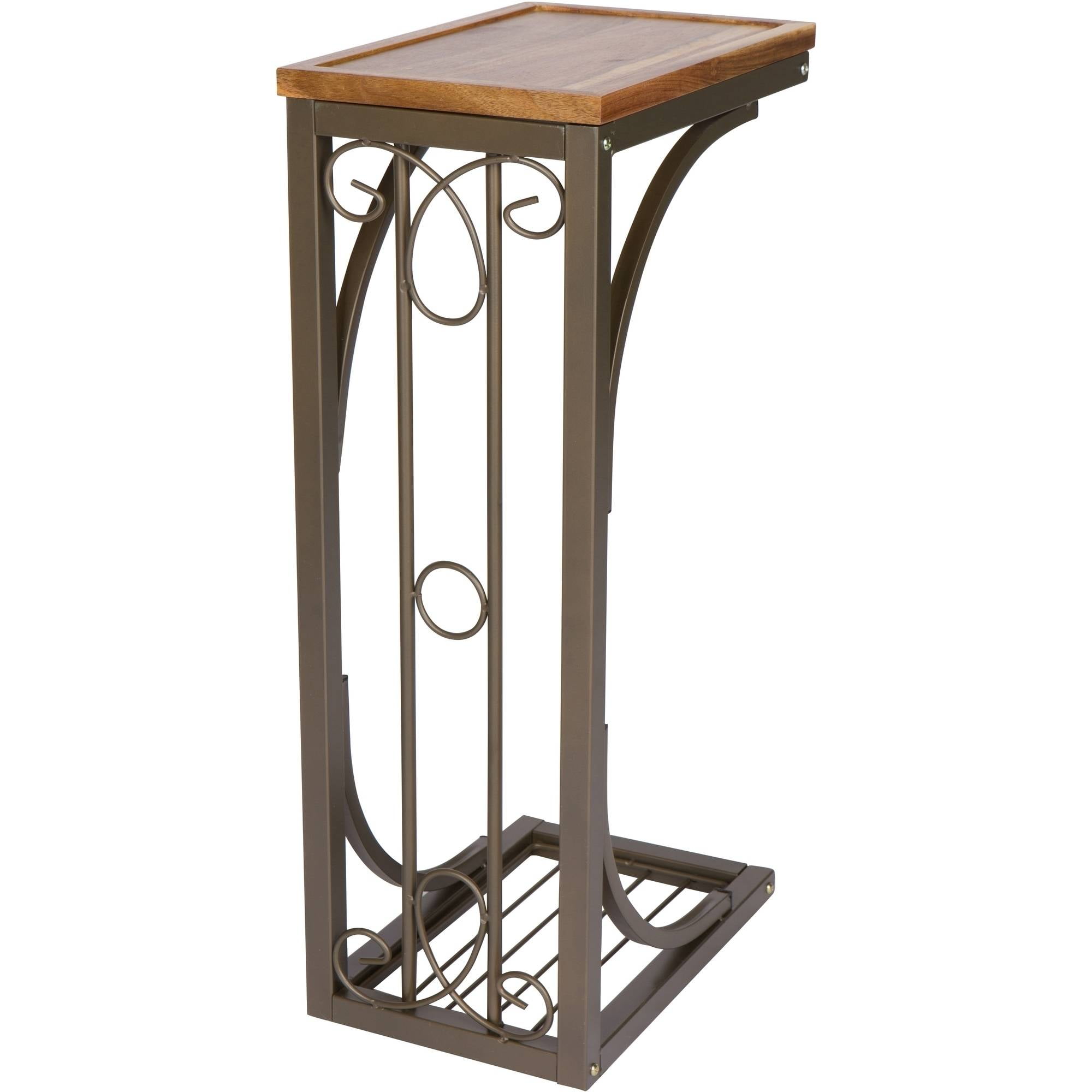 Black Metal Tempered Glass Top Accent Table Magazine Rack End Bed Side Scroll 