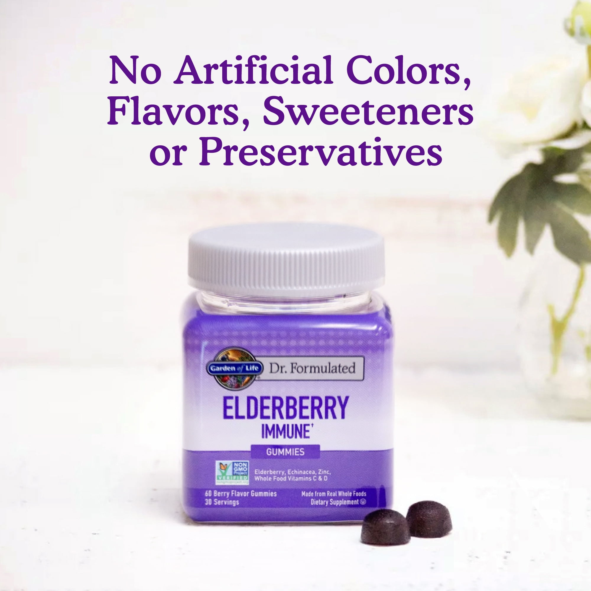 Garden of Life Elderberry Immune Gummies with Zinc, Whole Food Vitamin C & D3 – Non-GMO, Berry Flavor, 60ct