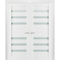 Solid French Double Doors 64 x 84 inches Frosted Glass | Quadro 4266 White Silk | Wood Solid Panel Frame Trims | Closet Bedroom Sturdy Doors