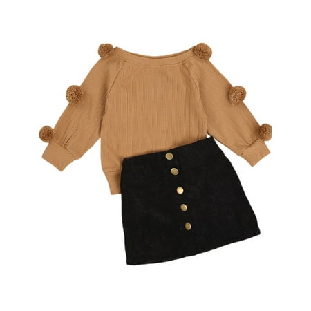 

BrilliantMe Kids Toddler Baby Girl Fall Winter Outfit Long Sleeve Pompom Knitted Shirt Sweater Top Button Skirt 2PCS Clothes Set Khaki 6-7 Years