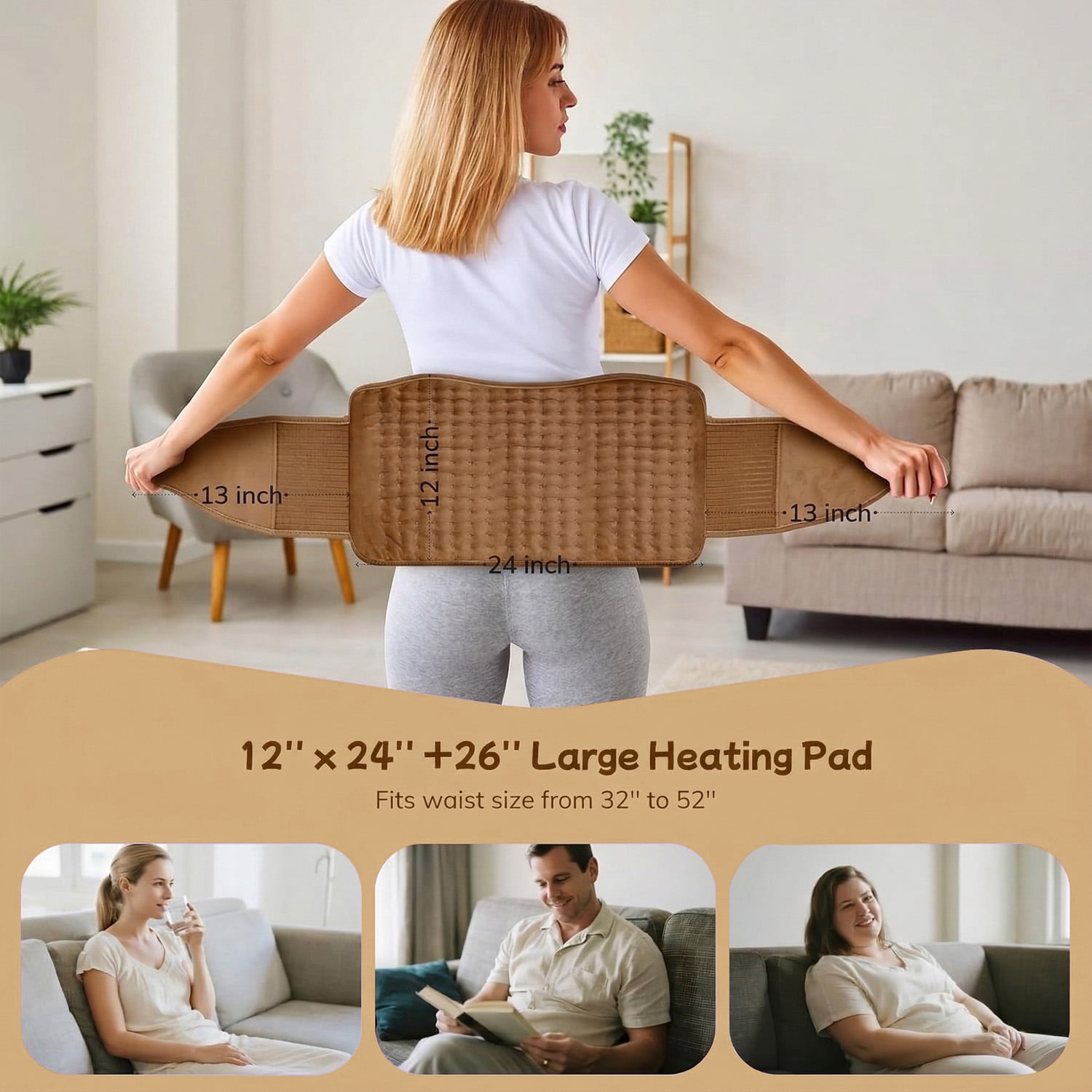 Heating Pad for Back, Neck, Abdomen, Shoulder, Dry/Moist Heat & Auto Shut off,Birthday Gifts for Men and Women, 12" x 24"+26" Belt Adjustable, 1 Pack