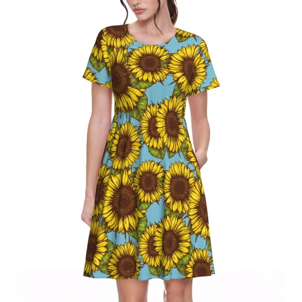 Balery Sunflowers Vestidos sueltos de manga corta para mujer, vestidos de verano 2025, vestidos casuales de corte A con vuelo.