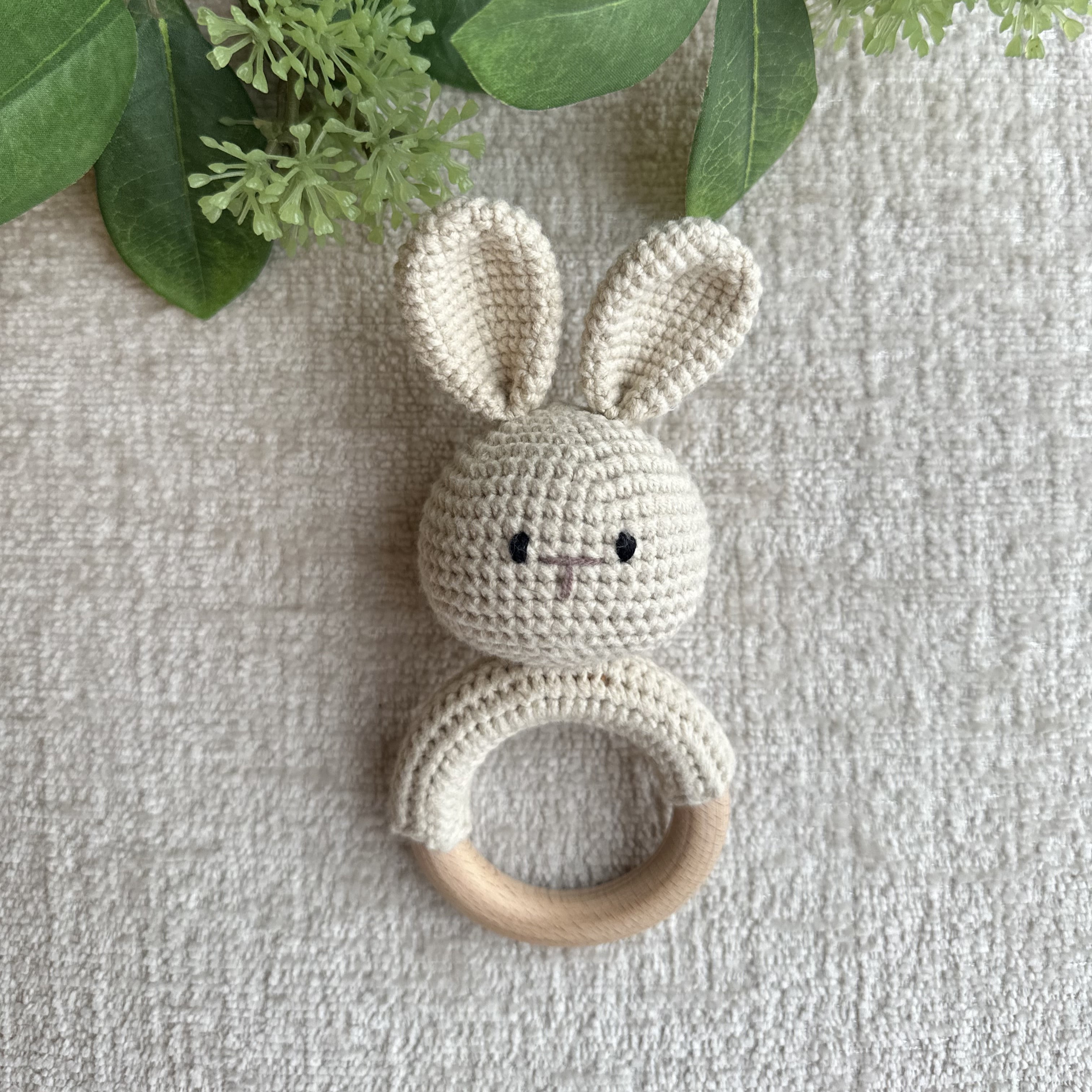 Organic Cotton Handmade Crotchet Bunny Rattle, Toy, teether and Pacifier Holder Baby Shower/Birthday Gift Set., beige