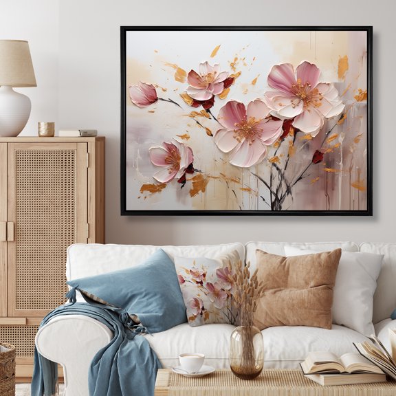 Designart "Fusion Of Pink, Beige, And Black Floral Waves" Abstract Shapes Floater Framed Wall Decor