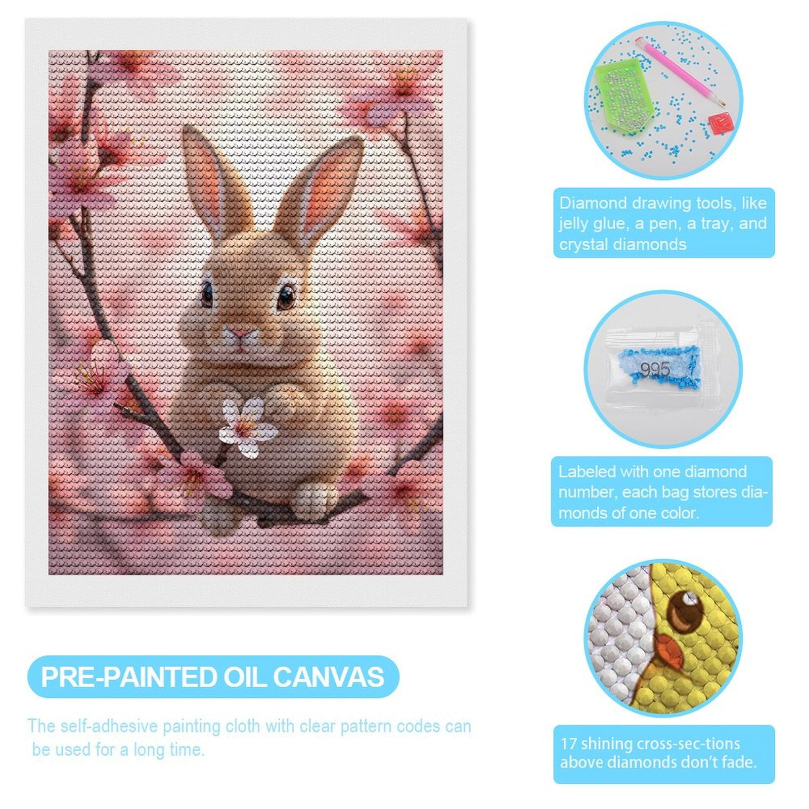 Diamond Art Kits for Adults, Bunny Blossom Spring Branch Pink Flowers 5D Diamond Painting Kits for Adults Beginners, DIY Full Drill Diamond Painting, Gem Art and Crafts 12x16