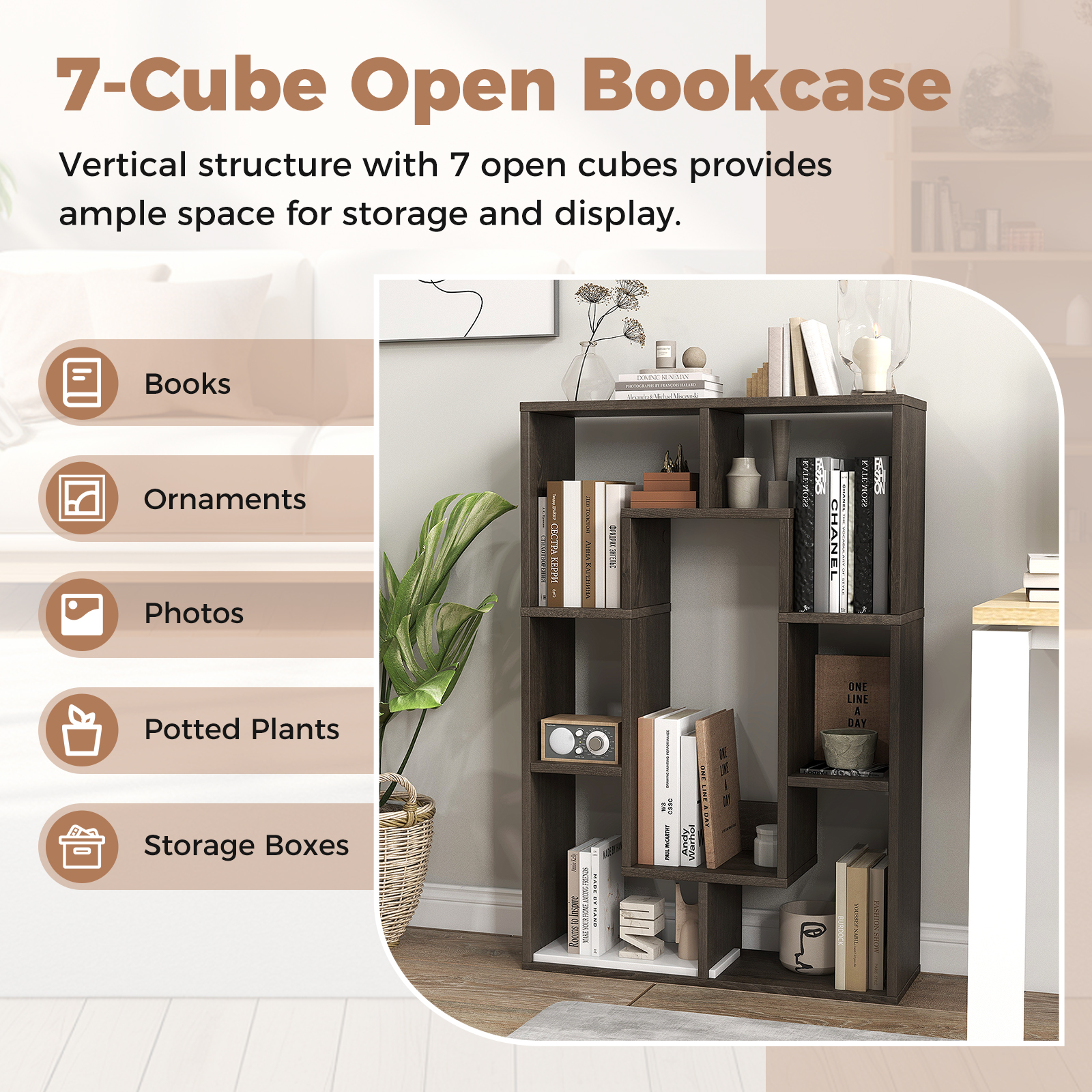 Giantex Wood Geometric Bookshelf, Freestanding Open Bookcase w/7 Cubes, Storage Display Rack for Home Office, Gray