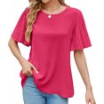 thumbnail image 1 of Camisa de manga corta para mujer, Top con cuello redondo, camisa plisada con manga acampanada, Top holgado de Color puro, rosa rojo XXL, 1 of 5