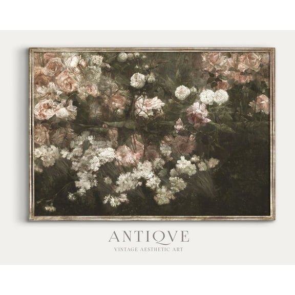 Moody Vintage Rose Garden Poster, Pink And White Spring Roses, Romantic Vintage Wall Art, UNFRAMED Poster, Wall Art for Decor, Present, 8x12