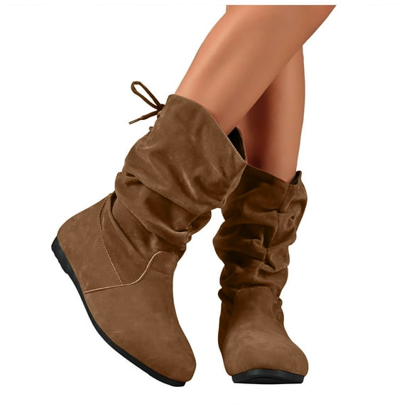 Slouchy Flat Fall Boots for Women Suede Round Toe Low Wedge Lace up Pull on Winter Mid Calf Booties