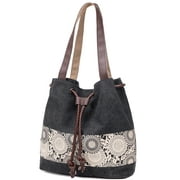 PlasMaller Printing Canvas Shoulder Bag Retro Casual Handbags Messenger Bags, Black