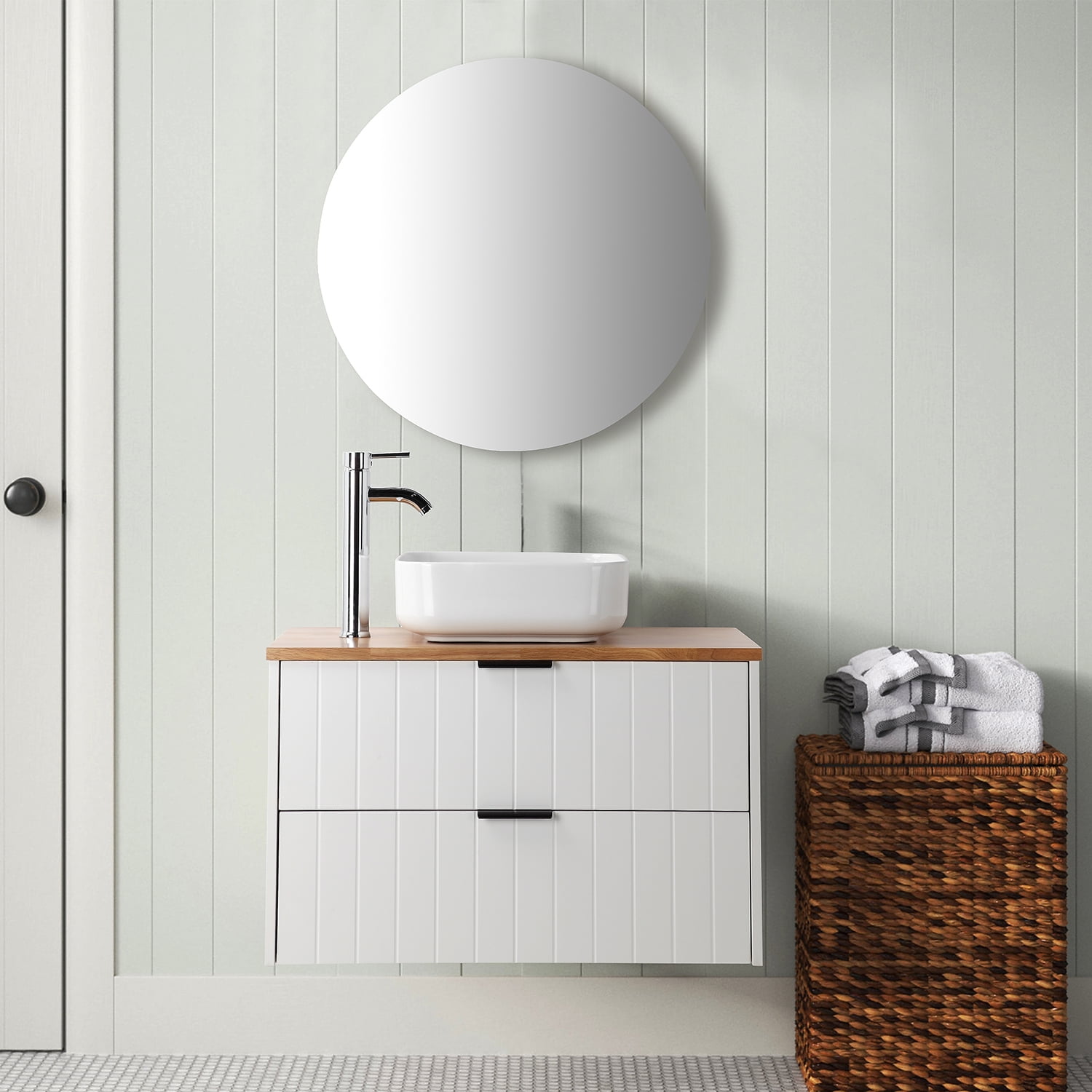 Demi Bonn 31" Double Drawer Wall-Mounted Bathroom Vanity with Solid Wood Natural Top, Square Art Ceramic Sink and Round Mirror, Faucets and Drains Not Included, White