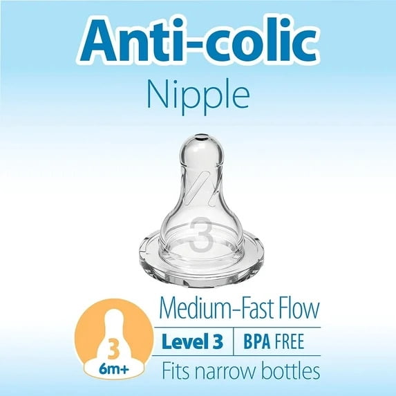 (3 pack) Dr. Brown's Natural Flow Level 3, Narrow Baby Bottle Nipple, Medium-Fast Flow, 6m+, 100% Silicone, 6 Pack