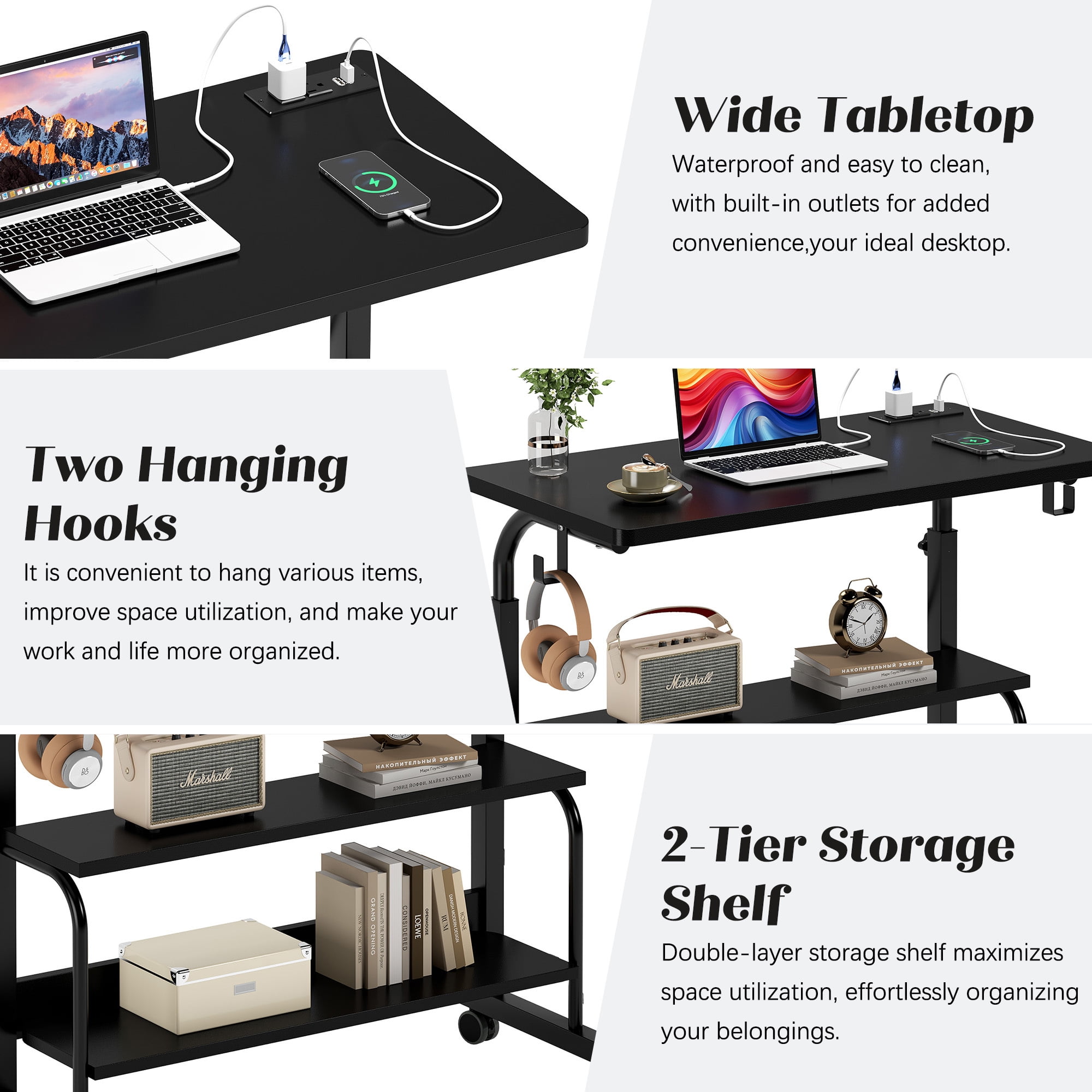 Soges 31.5" Height Adjustable Computer Desk with Charging Station, Adjustable Side Table Movable Laptop Desk with 2 Storage Shelves, Adjustable Desk on Wheels for Home Office, Sofa, Bed, Black