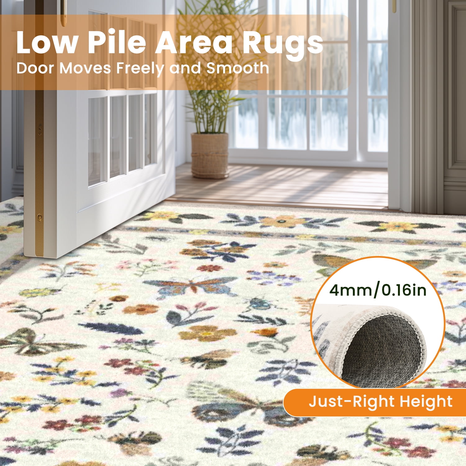 Area Rugs for Living Room, Homasen 8'x10' Washable Indoor Rug Boho Butterfly Beige, Soft Low Pile Stain Resistant Carpet for Bedroom, Dinning Room