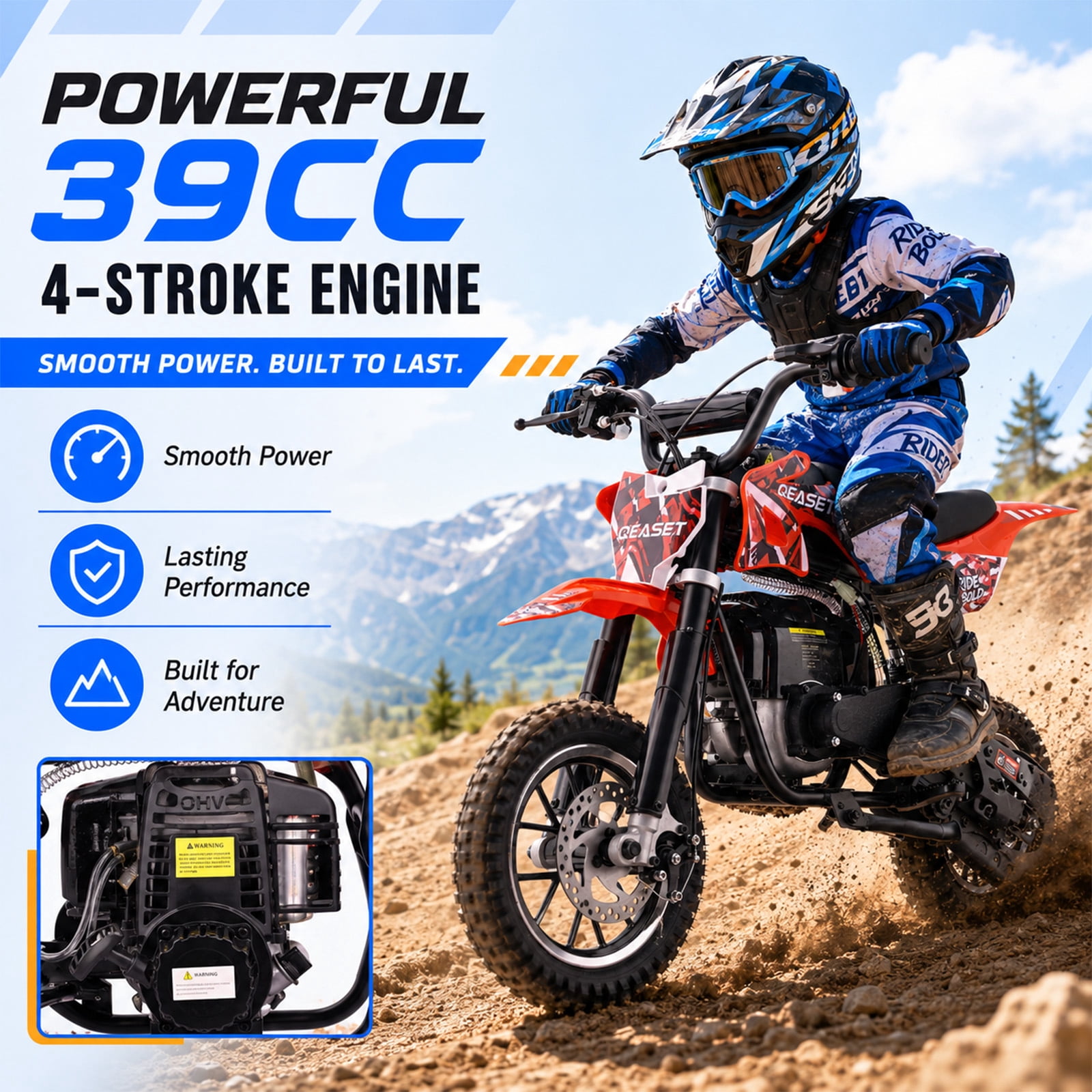 QEASET 39CC Dirt Bike, Gas Powered Mini Bike, Red