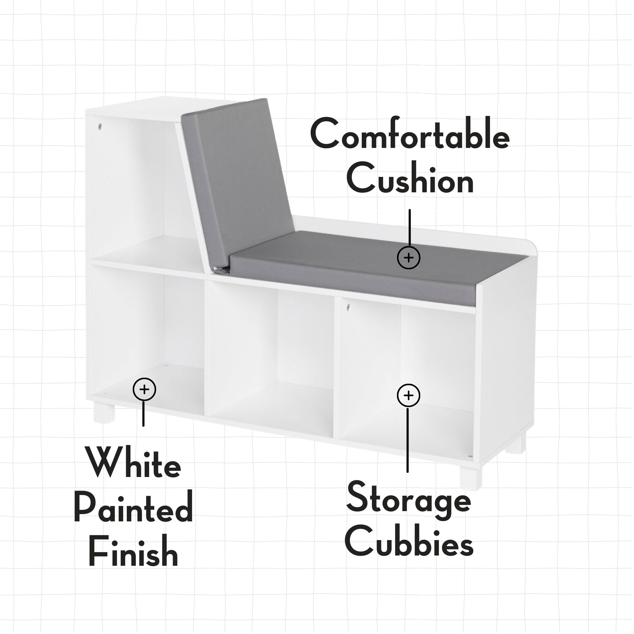 RiverRidge Kids Book Nook Toy Storage Bench with Cubby Organizers and Cushion - White