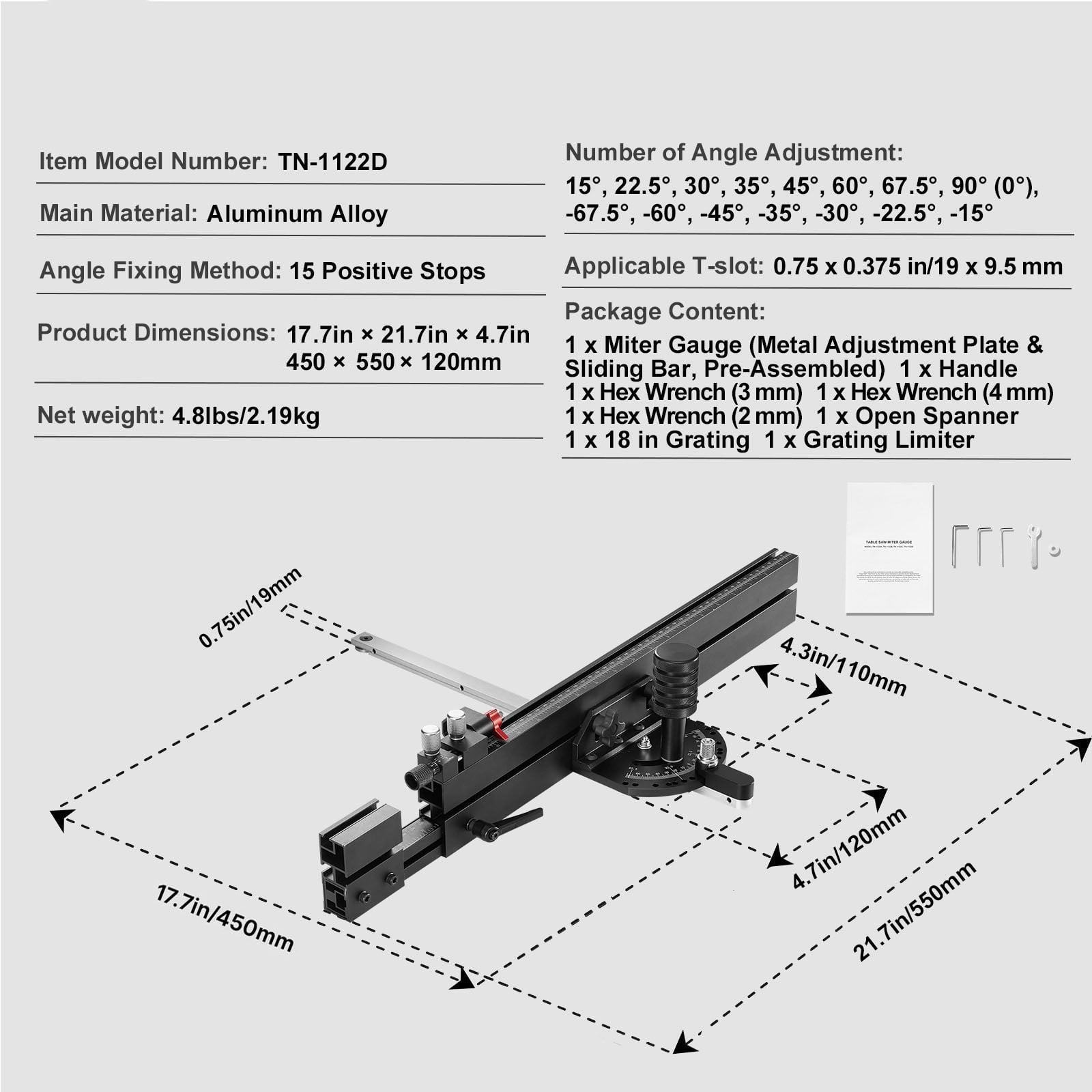 KFFKFF 19-35 Inch Raster Precision Table Saw Miter Gauge Slot Standard 3/4''x3/8''