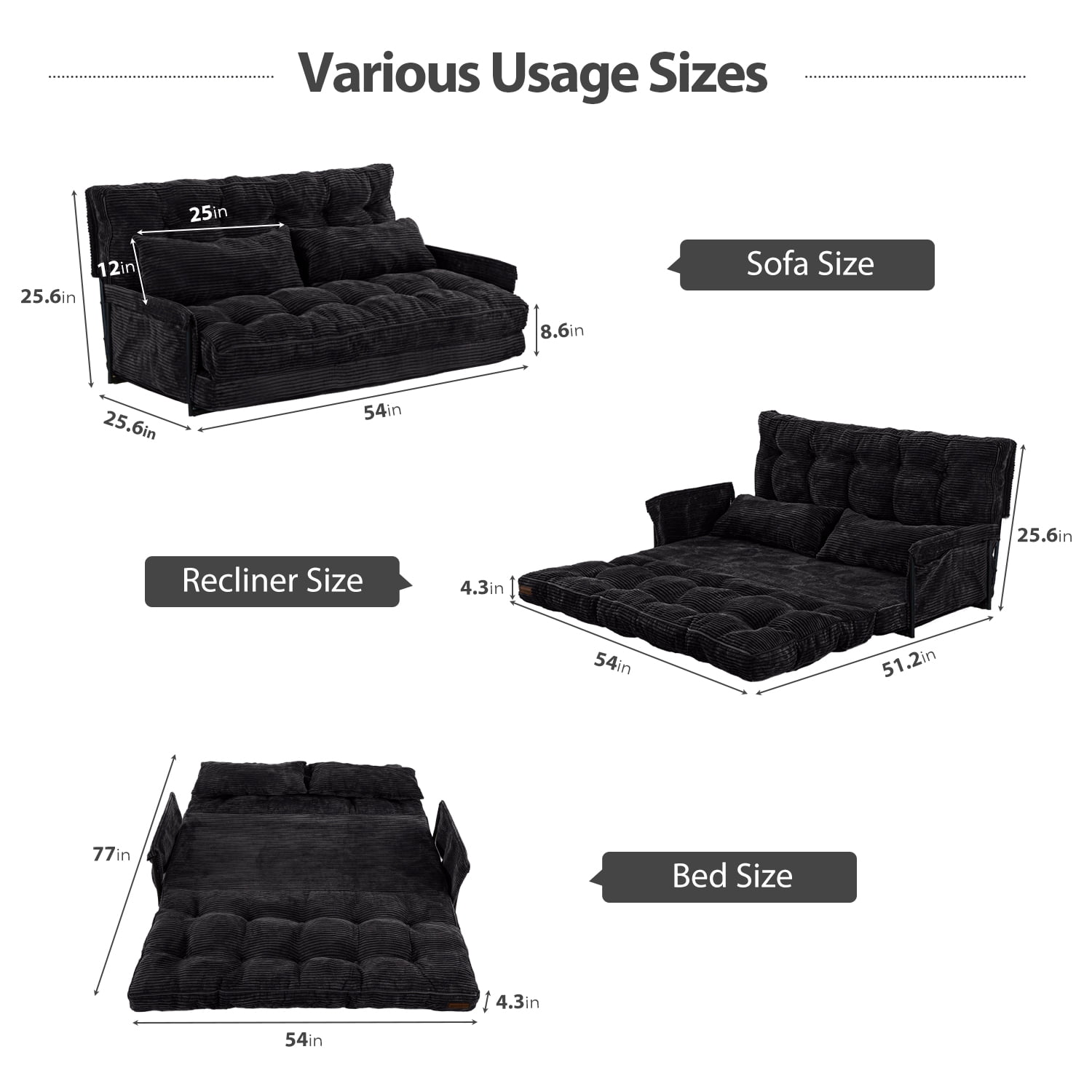 GOODONE Convertible Floor Sofa,Bean Bag Sofa with Pillows,Multifunctional Lazy Sofa with Pillows,Adult Reading Chair,Suitable for Bedroom or Living Room,Black,Loveseat